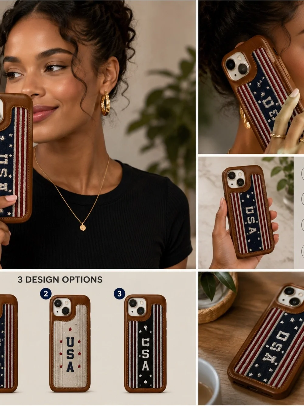 USA Stripe Leather Phone Case - Brown